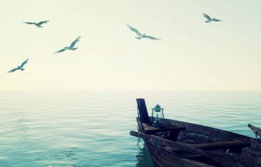 Sakin mavi deniz ve gökyüzü, 3d render üzerinde yüzen eski ahşap balıkçı teknesi