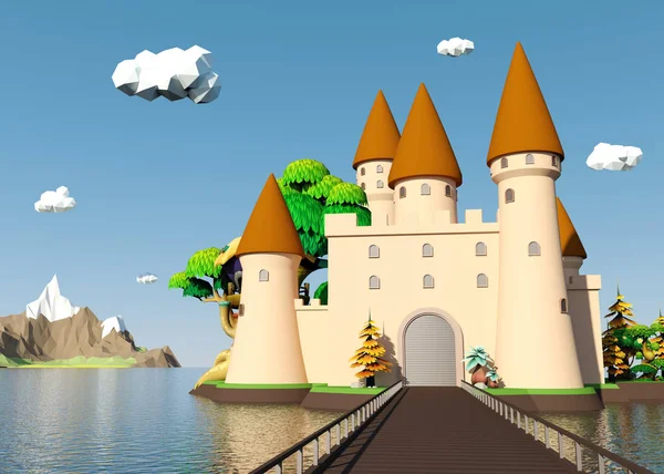 Castillo medieval de dibujos animados en la isla con hermoso paisaje, representación 3D —  Fotos de Stock