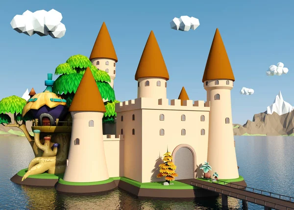 Cartoon middeleeuws kasteel op eiland met prachtige landschap, 3D-rendering — Stockfoto