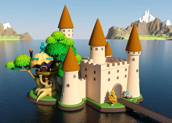 Cartoon medieval castle on island with beautiful landscape, 3D rendering