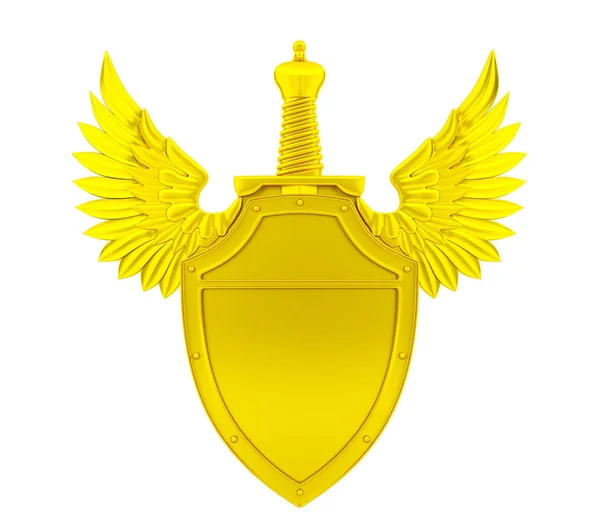 Escudo dourado com asas e espada — Fotografia de Stock