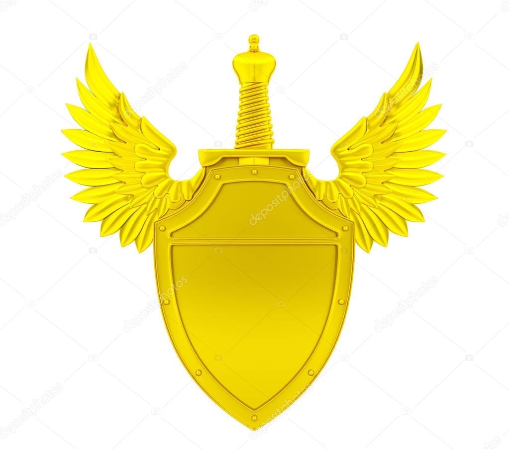 Golden shield with wings and sword