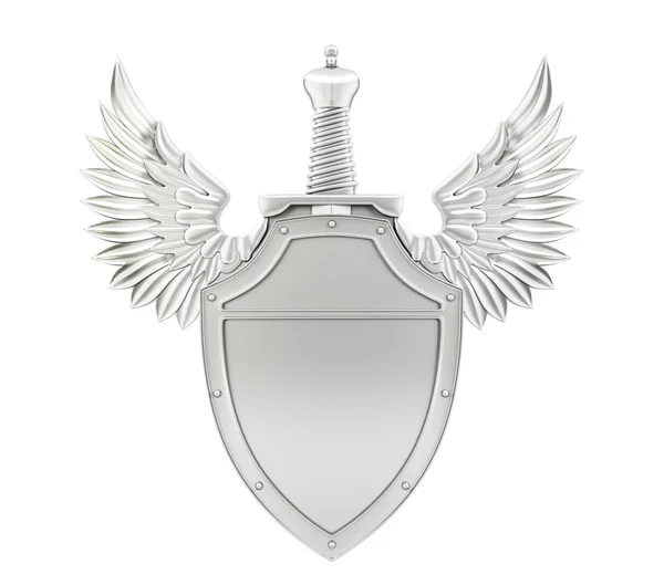 Escudo de metal prata com asas e espada — Fotografia de Stock