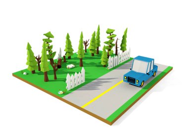 3D izometrik yatay, banliyö yol çizgi film araba ve çam ormanı, düşük çokgen, 3d render ile
