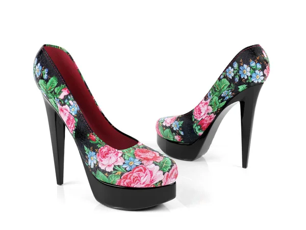Kvinnliga högklackade skor med blommönster isolerad på vit bakgrund — Stockfoto