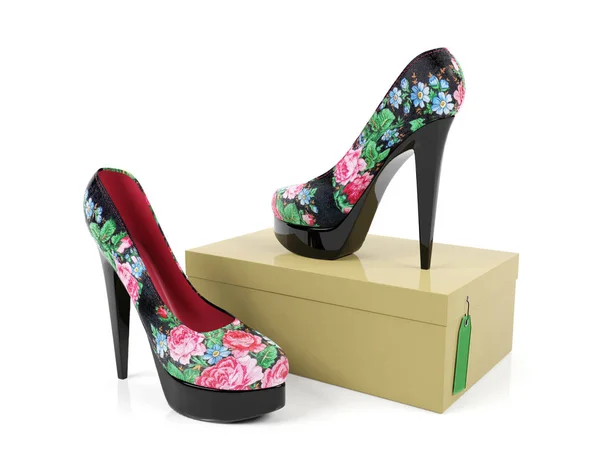 Zapatos de tacón alto femeninos aislados en caja de zapatos sobre fondo blanco — Foto de Stock