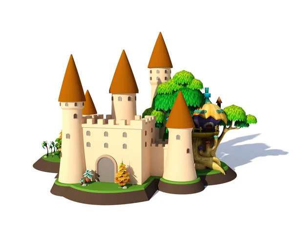 3D Isometrische fantasy cartoon middeleeuws kasteel geïsoleerd op een witte achtergrond, 3D-rendering — Stockfoto