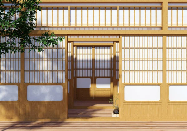 Houten traditionele Japanse Shoji deur, Japanse traditionele gebouw buitenkant, 3D-rendering — Gratis stockfoto