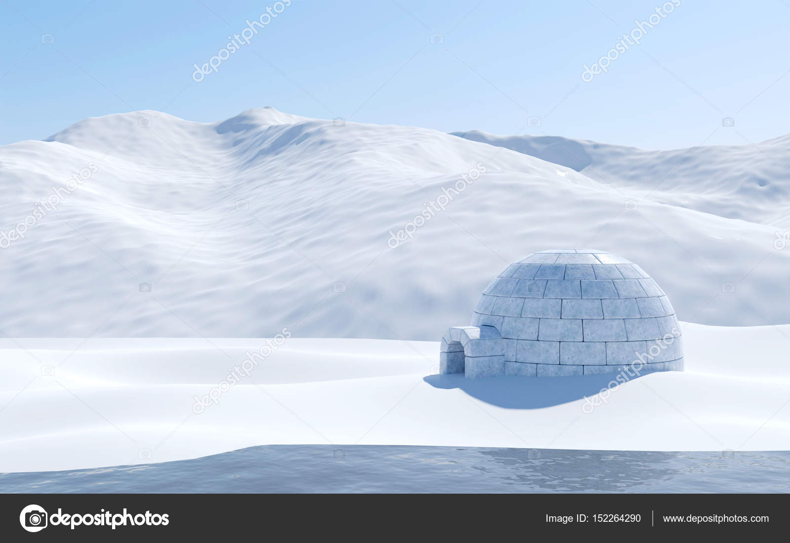 Igloo isolated in snowfield with lake and snowy mountain, Arctic