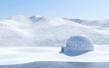 Igloo snowfield göl ve karlı Dağı, Arktik manzara sahne içinde izole