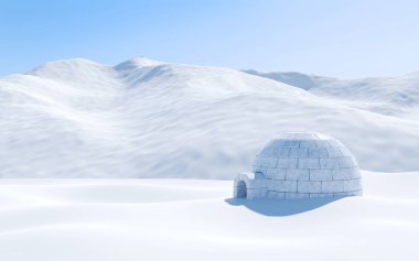 Igloo isolated in snowfield with snowy mountain, Arctic landscape scene clipart