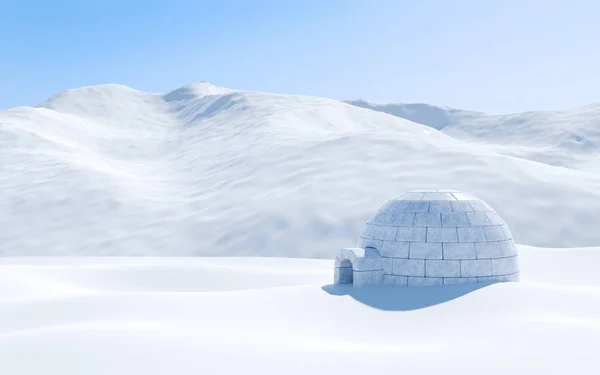 Igloo isolated in snowfield with snowy mountain, Arctic landscape scene — Stock Photo, Image