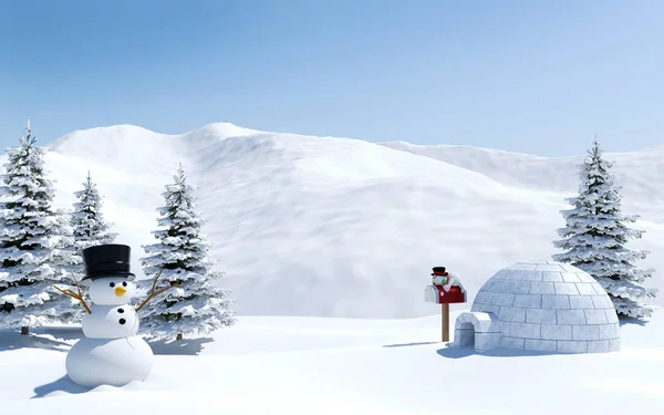北極の風景、イグルーと雪だるまクリスマス休暇、北極の雪原 — ストック写真