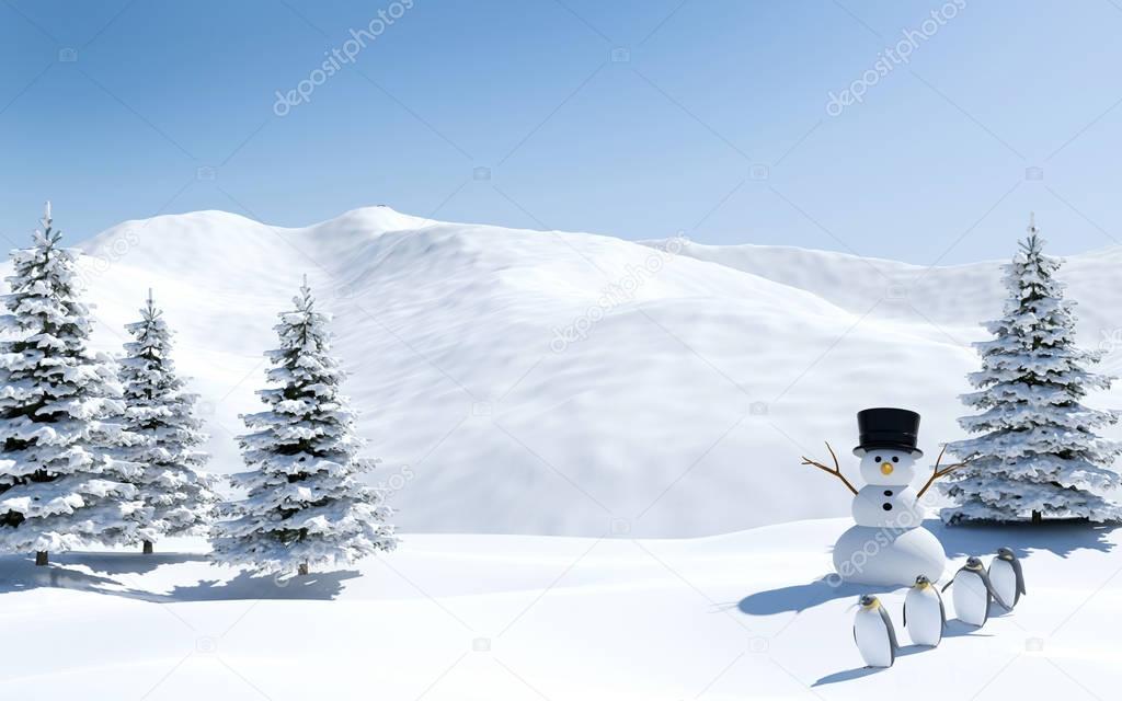 Arctic landscape, snow field with snowman and penguin birds in Christmas holiday, North pole