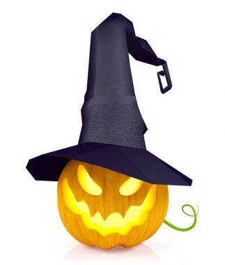 Cadılar Bayramı Balkabağı, Jack O'Lantern, cadı şapkası beyaz arka plan üzerinde 3d render izole