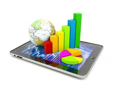 Çubuk grafik, daire grafiği ve küre tablet. Finansal analiz kavramı