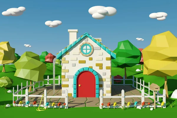 Мультфильм дом с сельским пейзажем весной или летом, 3D рендеринг — стоковое фото