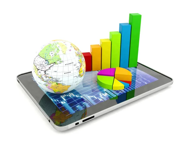Bar chart, circle chart and globe on tablet. Financial analysis concept — Stock Photo, Image