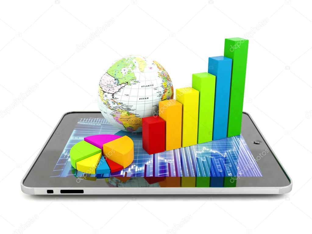 Bar chart, circle chart and globe on tablet. Financial analysis concept