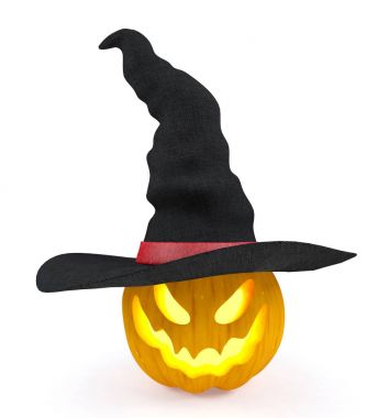Cadılar Bayramı Balkabağı, Jack O'Lantern, cadı şapkası beyaz arka plan üzerinde 3d render izole