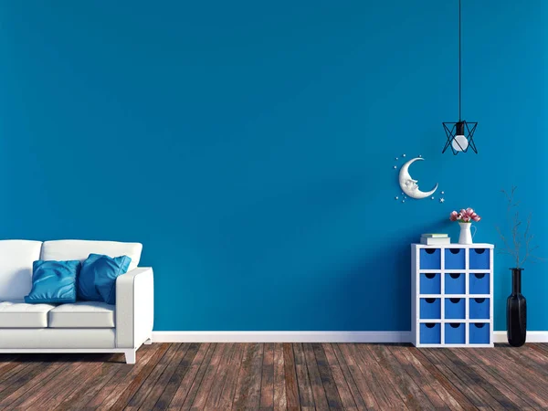 Moderne blauwe woonkamer interieur - witte lederen sofa en blauwe wandpaneel met ruimte, 3D-rendering — Stockfoto