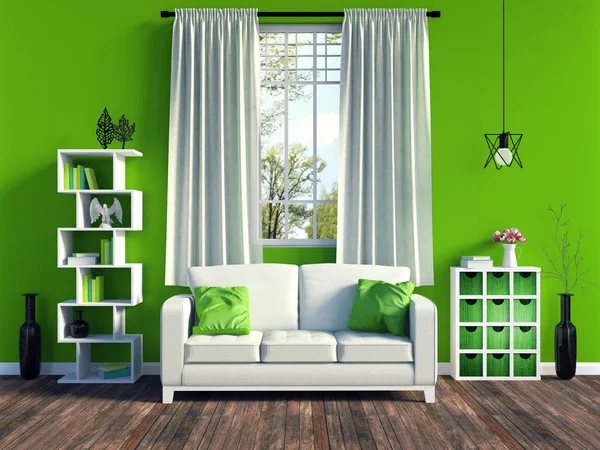 Zöld nappali modern belső fehér kanapé, a bútorok és a régi fa padlóburkolatok, 3d-leképezés — Stock Fotó