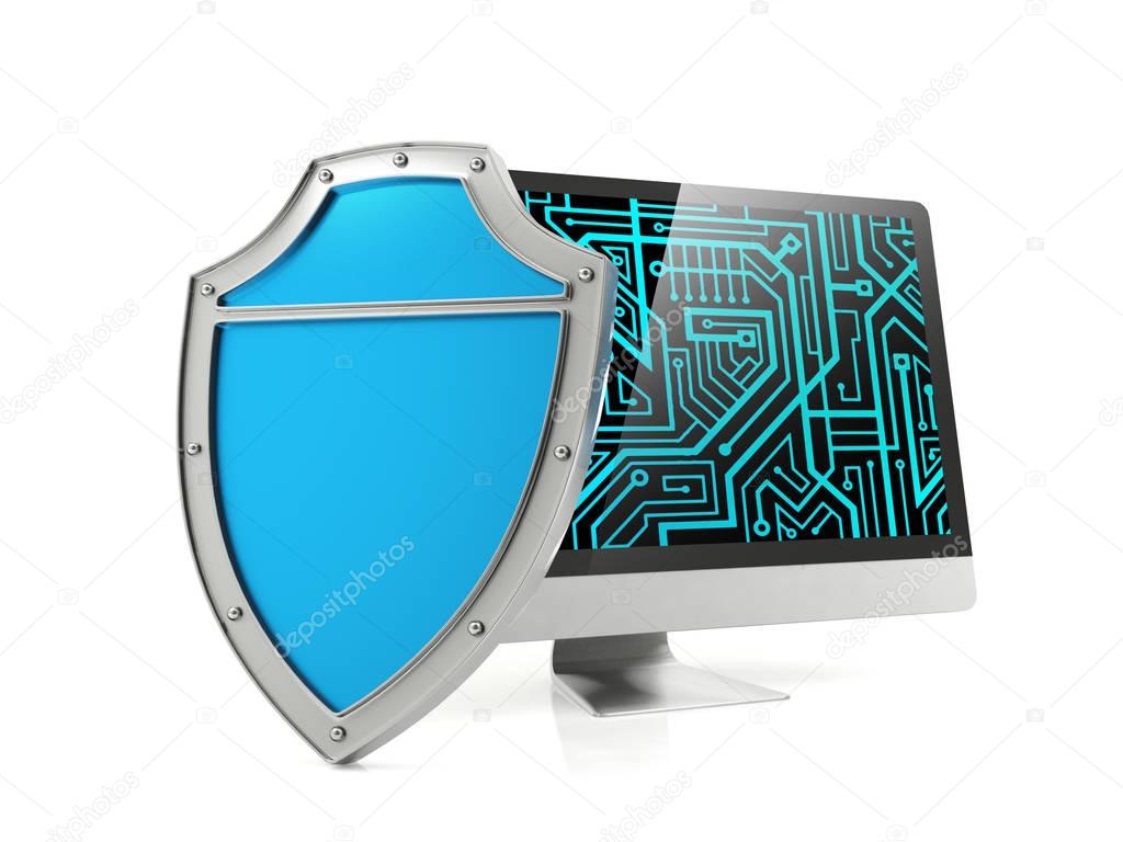 Shield and computer screen, computer security concept