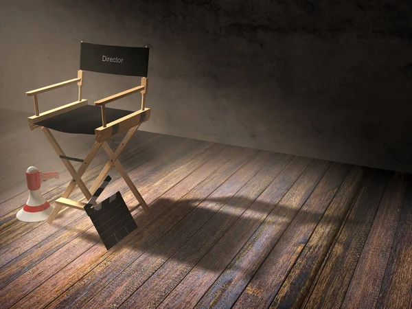 Silla de director con tablero de aplausos y megáfono en la escena de la habitación oscura con foco de luz, representación 3D — Foto de stock gratis