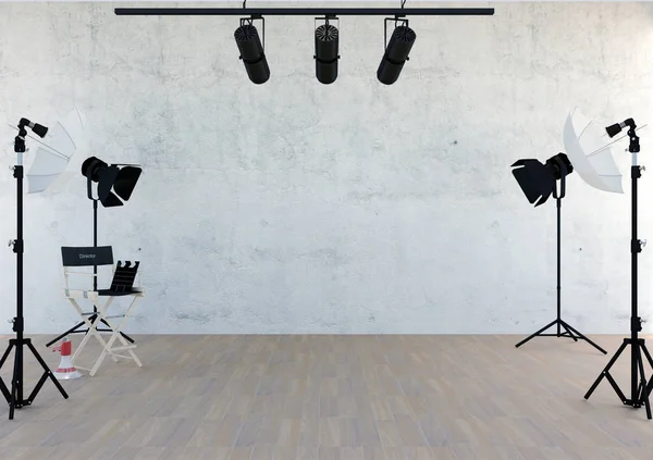 Studio equipment in studio room with empty space, 3D rendering — Stock Photo, Image