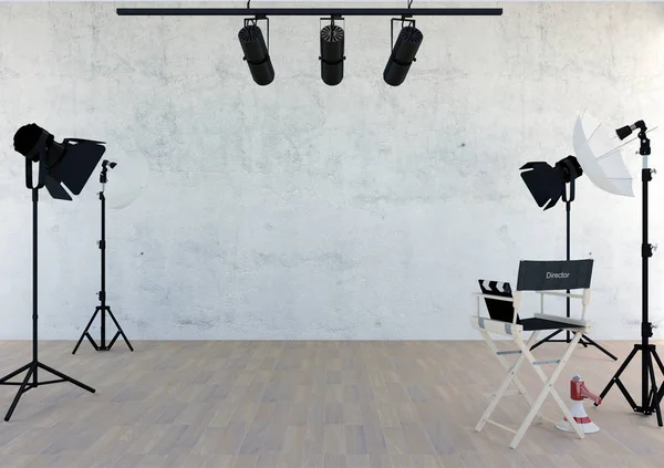 Studioutrustning i studiorum med tomt utrymme, 3d-rendering — Stockfoto