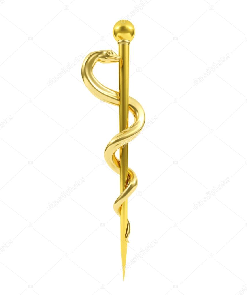 Golden Staff of Aesculapius Medical Symbol, 3D rendering