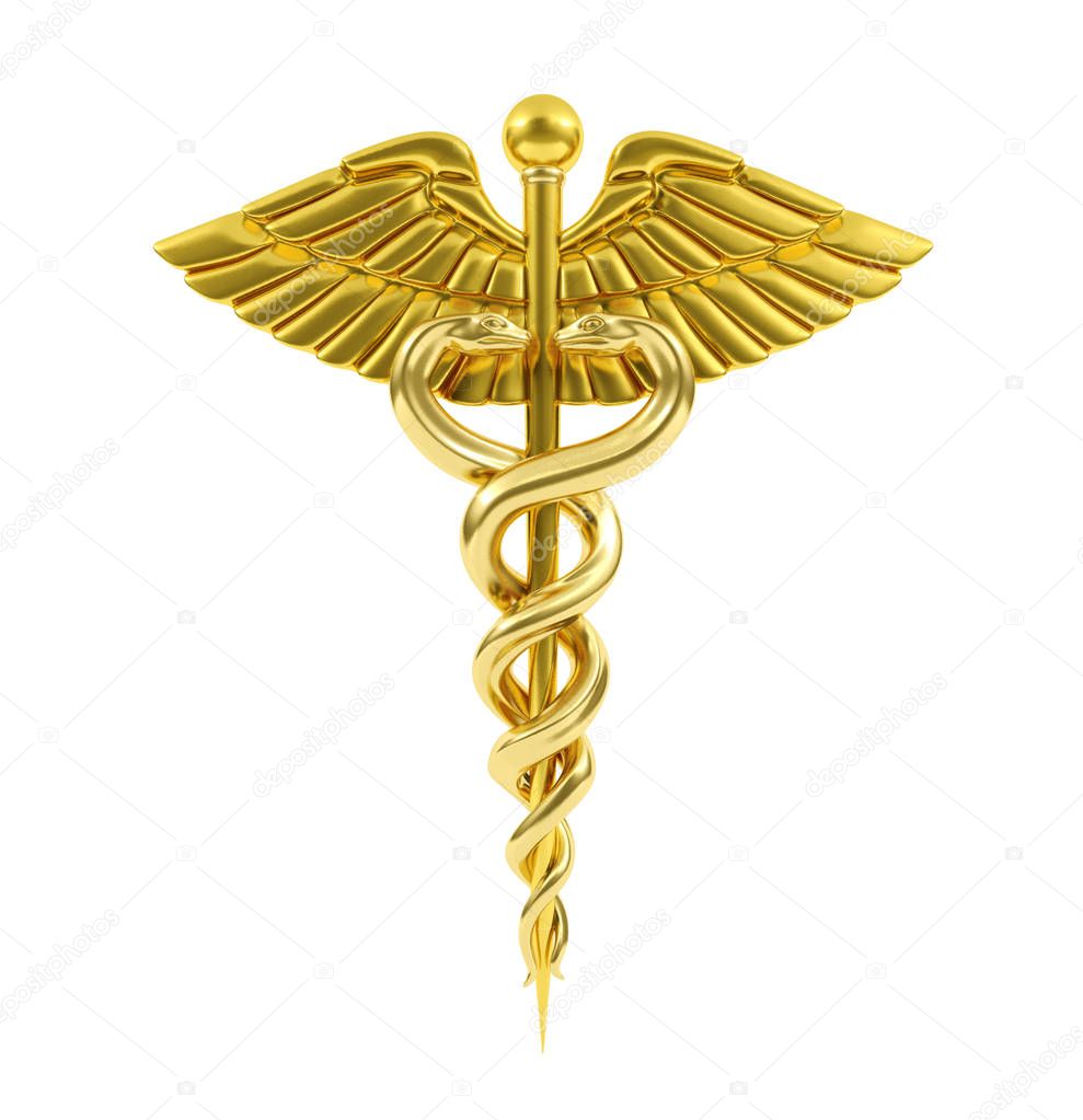 Golden Caduceus Medical Symbol, 3D rendering