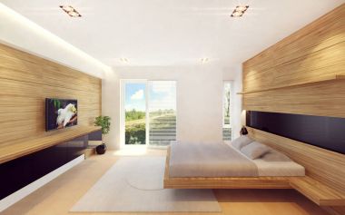 Modern yatak odası iç dekorasyonda ahşap, 3d render