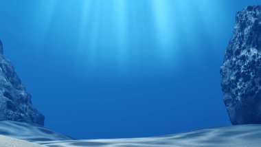 Güneş ışınları ve derin mavi deniz taşları ile sualtı