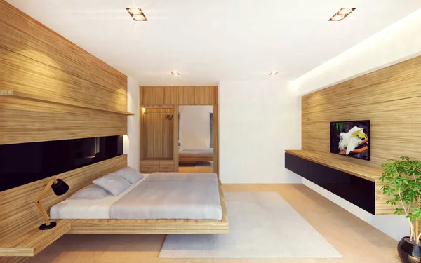 Interior kamar tidur modern dalam dekorasi kayu, render 3D — Stok Foto