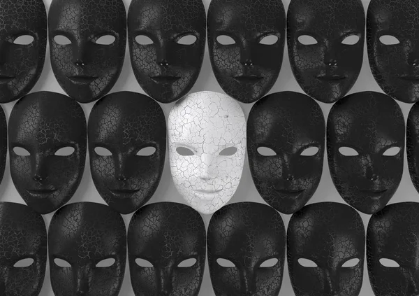 Smiling white mask among black masker, Hypocritical concept, 3d rendering — Foto Stok Gratis