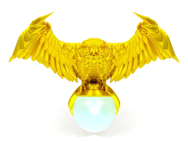 Gouden Uil figuur en magische bal geïsoleerd op witte achtergrond — Stockfoto