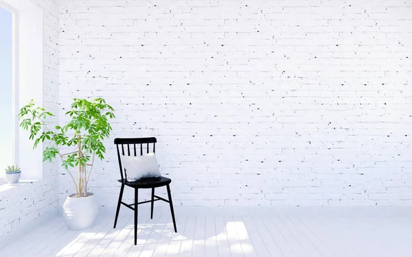 Interior moderno da sala de estar do tijolo branco com espaço vivo, renderização 3D — Fotografia de Stock
