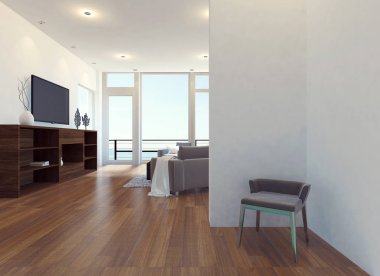 Modern Daire salon iç Deniz Manzaralı, 3d render