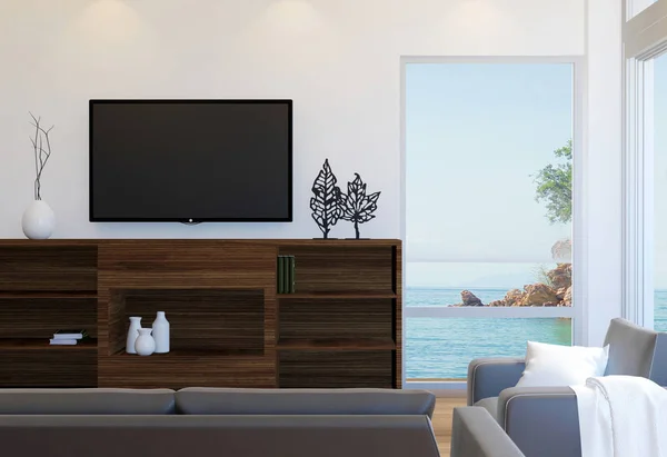 Interior ruang tamu apartemen modern dengan tampilan laut, render 3D — Stok Foto
