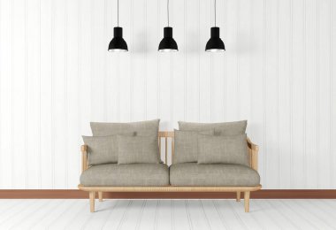 Beyaz oda iç kanepe ve tavan lambaları ile minimal tarzda