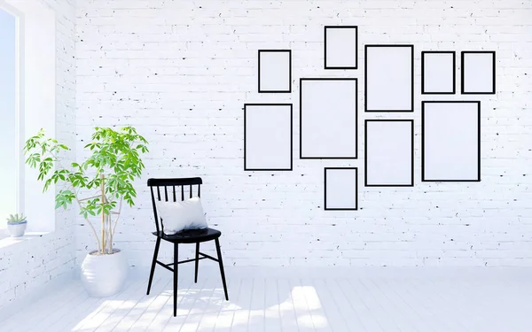 Mattone bianco moderno soggiorno interno con spazio abitabile e cornici fotografiche a parete — Foto Stock