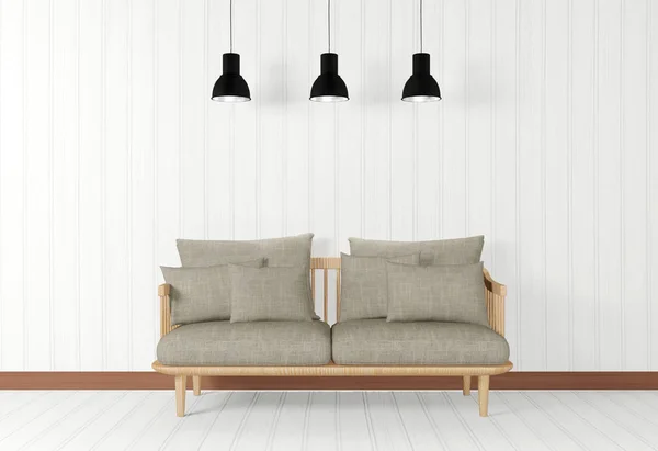 Habitación blanca de estilo minimalista con sofá y lámparas de techo — Foto de stock gratis