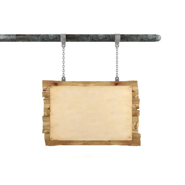 Eski ahşap işareti asılı üzerinde vintage kağıt boş