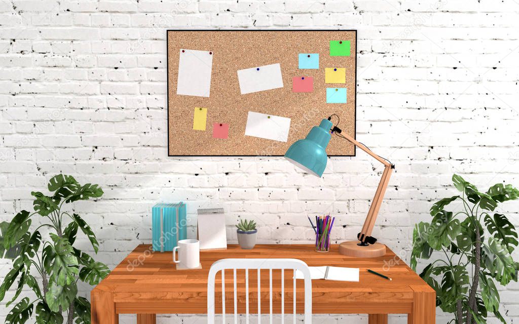 Home office room interior in modern and loft decoration with cork board and blank memo paper, study or working desk and table lamp