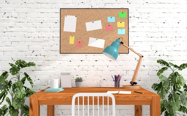 Kantoor aan huis kamer interieur in moderne en loft decoratie met cork board en lege memo papier, studie of werken Bureau en tafel lamp — Gratis stockfoto