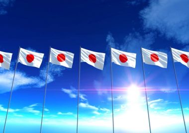Japonya bayrağı altında mavi gökyüzü, 3d render