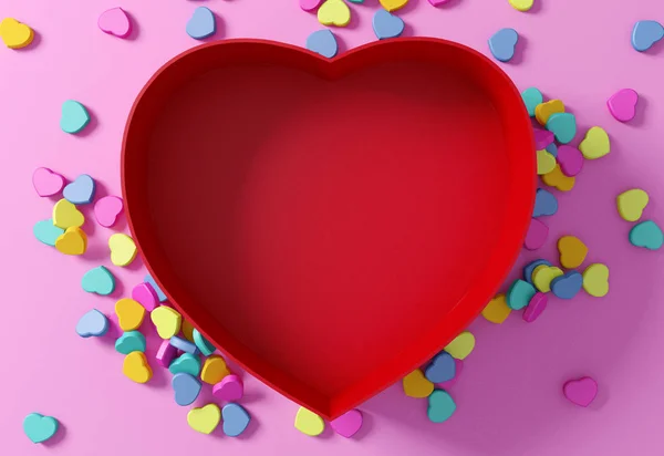 Leere Rote Herzschachtel Mit Mini Herzen Auf Rosa Hintergrund Darstellung — Stockfoto