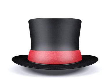 Beyaz arka plan üzerinde 3d render izole kırmızı kurdele ile siyah kısa üst şapka