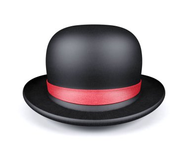 Beyaz arka plan üzerinde 3d render izole kırmızı kurdele ile siyah yuvarlak şapka